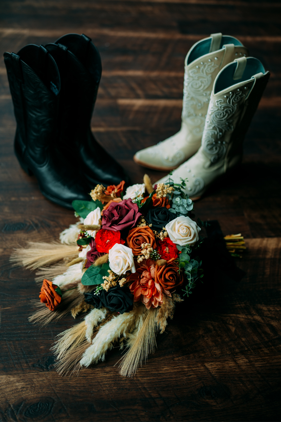 Bride and groom's wedding boots at Ever After Farms Ranch